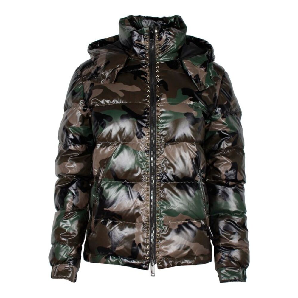 Valentino Studded Camouflage-Print Quilted Shell Hooded Down Jacket in Green
